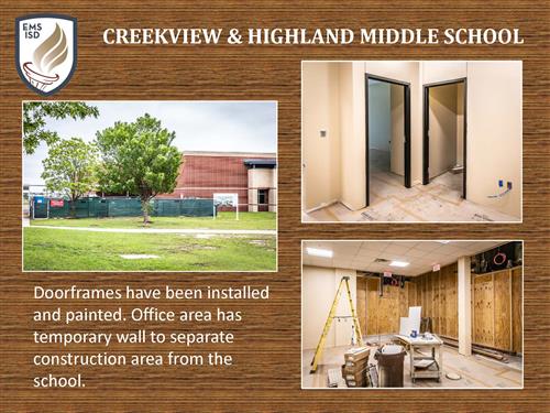 Three photos showing doorframes have been installed and painted. Office area has temporary wall to separate construction area 